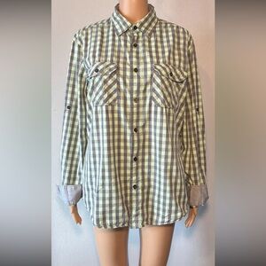 PD&C Men's Shirt Size M Green Gray Gingham Long Roll Tab Sleeve Collared Cotton